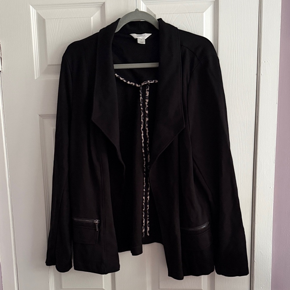 CJ Banks Black Women's Open-Front Jacket with Zip Pocket Detail